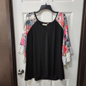 Southern Stitch XXL Boho Black Top Scarf Print Ruffle Bell Sleeve Mixed Print